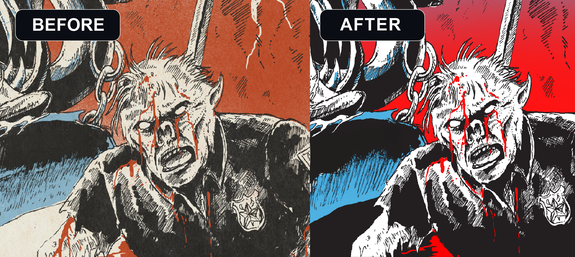 showing a before and after of production