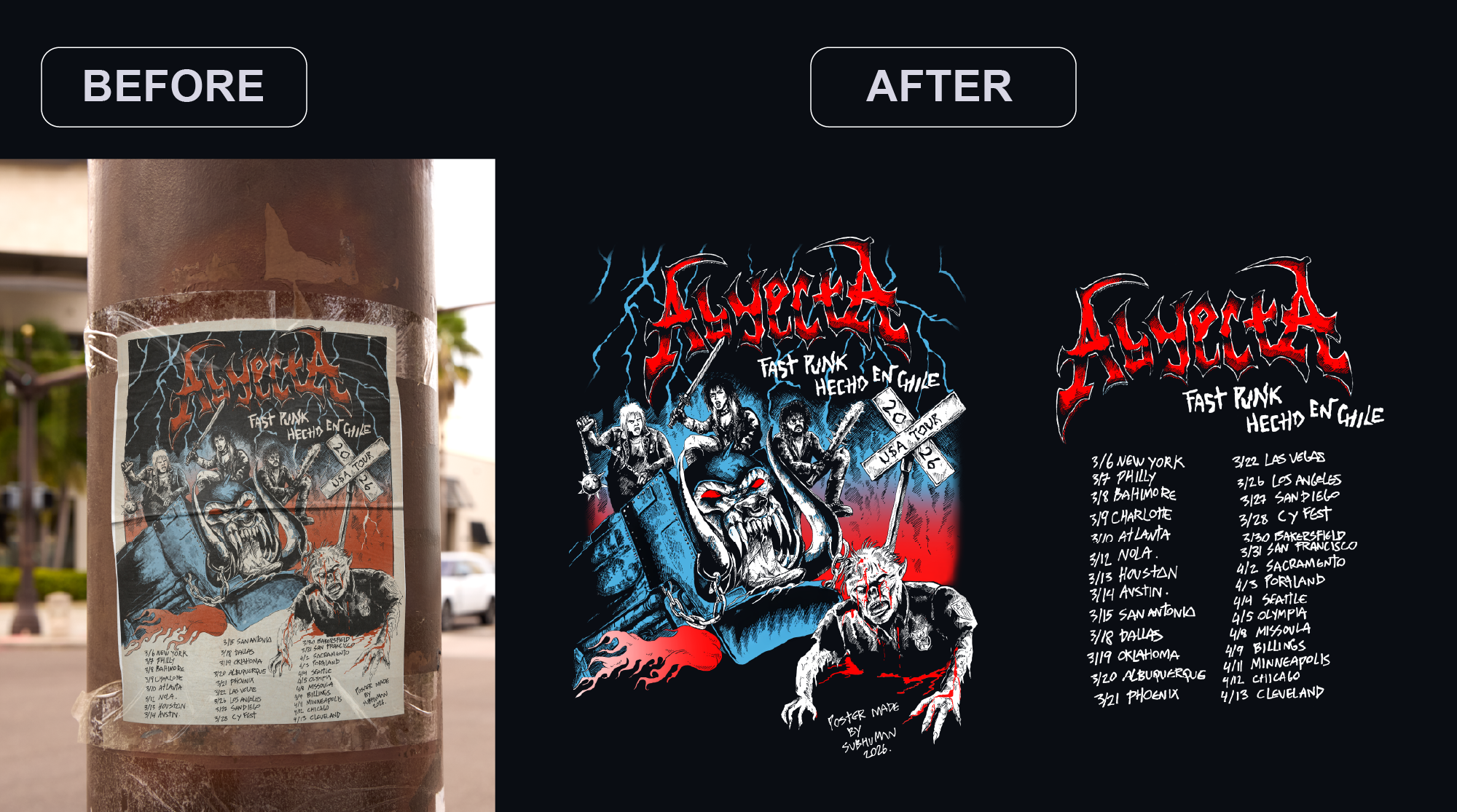 showing a before and after of production